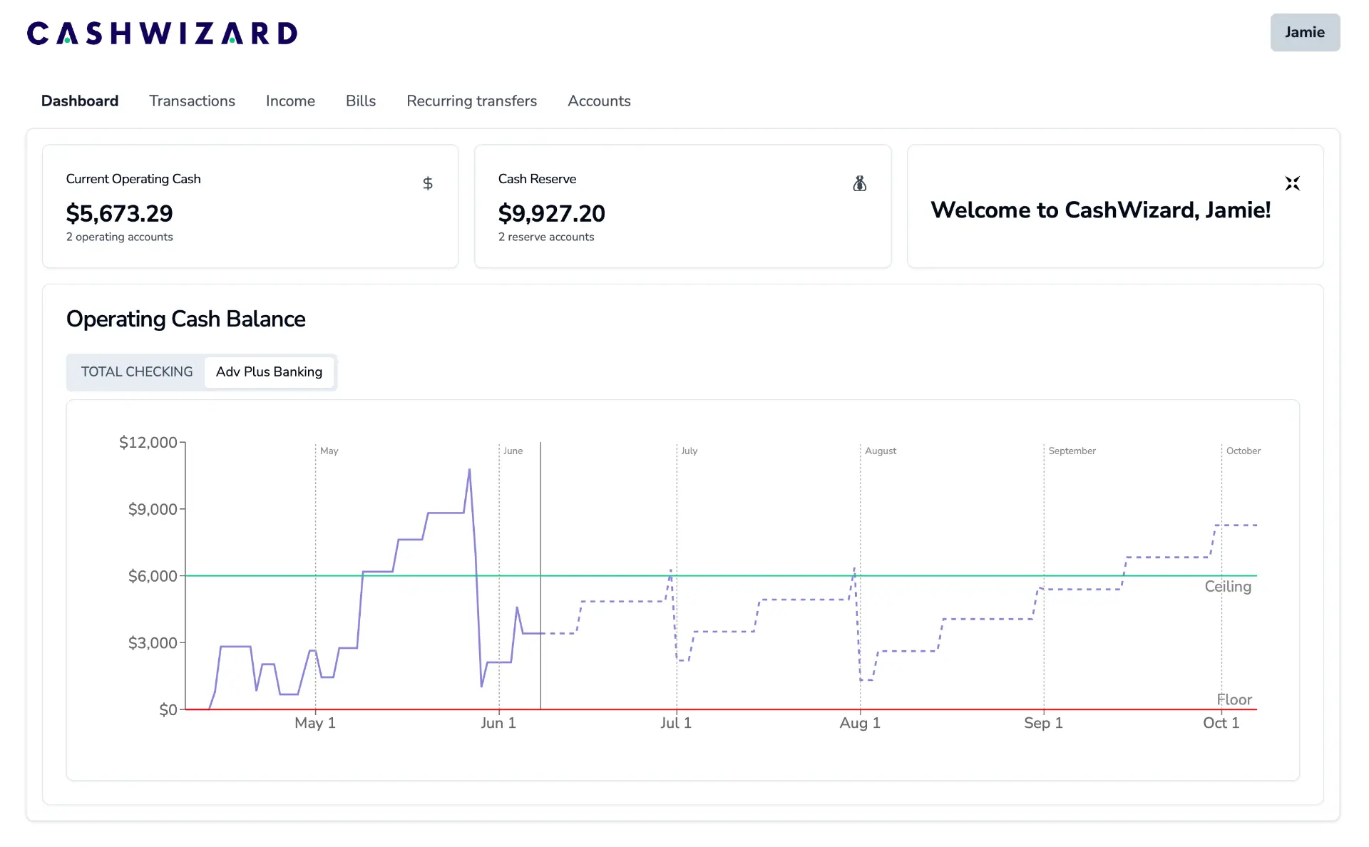CashWizard App Dashboard Screenshot